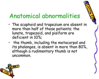 Anatomical abnormalities The scaphoid and trapezium are absent in more than half of these patients; the lunate, trapezoid, and pisiform are deficient in 10%;  the thumb, including the metacarpal and its phalanges, is absent in more than 80%, although a rudimentary thumb is not uncommon.  