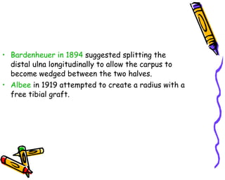 Bardenheuer in 1894  suggested splitting the distal ulna longitudinally to allow the carpus to become wedged between the two halves.   Albee  in 1919 attempted to create a radius with a free tibial graft.  
