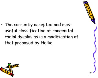 The currently accepted and most useful classification of congenital radial dysplasias is a modification of that proposed by Heikel  
