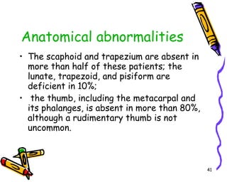 Anatomical abnormalities The scaphoid and trapezium are absent in more than half of these patients; the lunate, trapezoid, and pisiform are deficient in 10%;  the thumb, including the metacarpal and its phalanges, is absent in more than 80%, although a rudimentary thumb is not uncommon.  