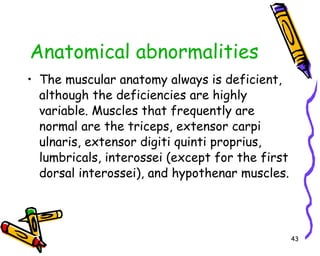 Anatomical abnormalities The muscular anatomy always is deficient, although the deficiencies are highly variable. Muscles that frequently are normal are the triceps, extensor carpi ulnaris, extensor digiti quinti proprius, lumbricals, interossei (except for the first dorsal interossei), and hypothenar muscles.  
