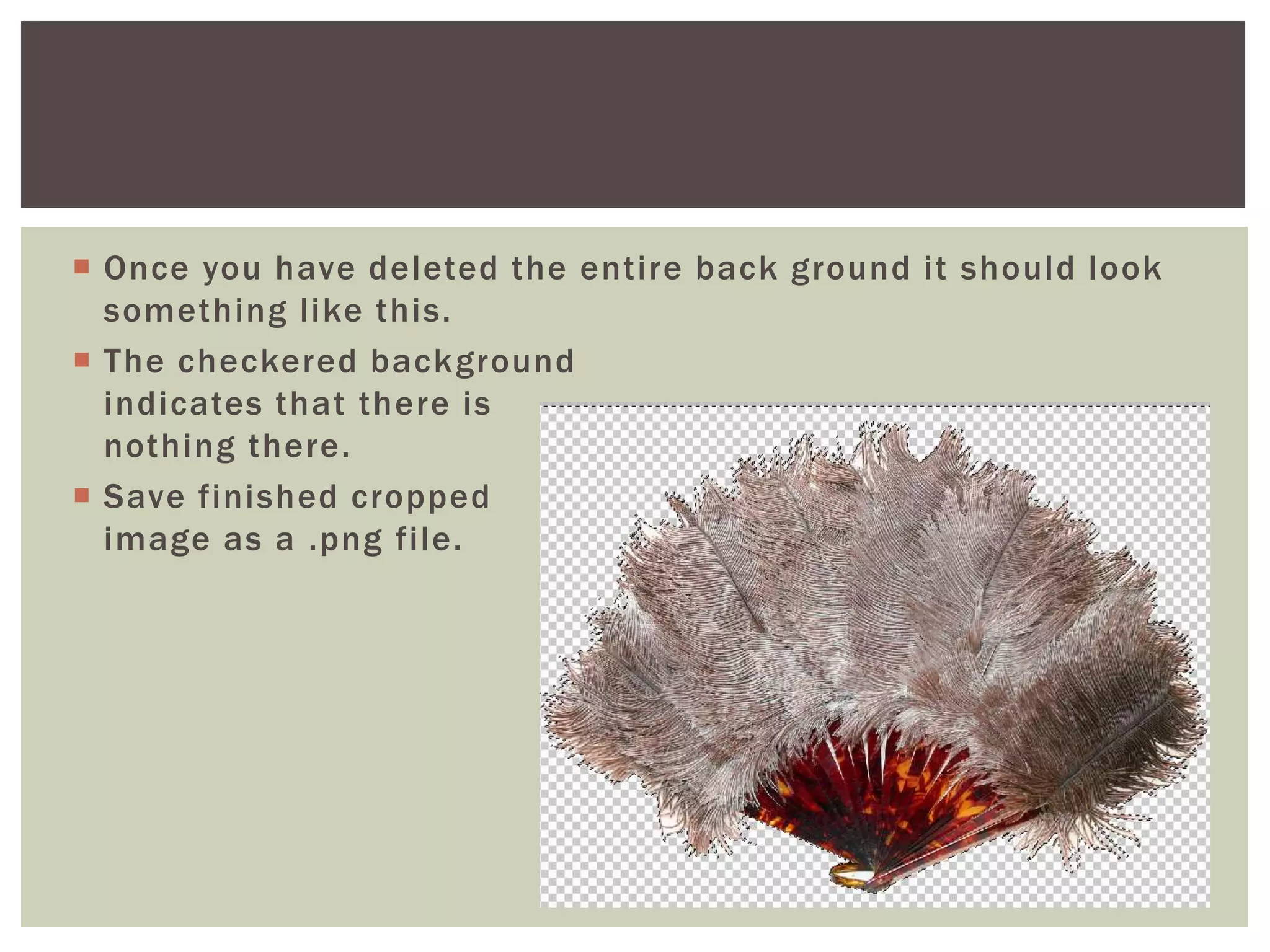  Once you have deleted the entire back ground it should look
something like this.
 The checkered background
indicates that there is
nothing there.
 Save finished cropped
image as a .png file.
 