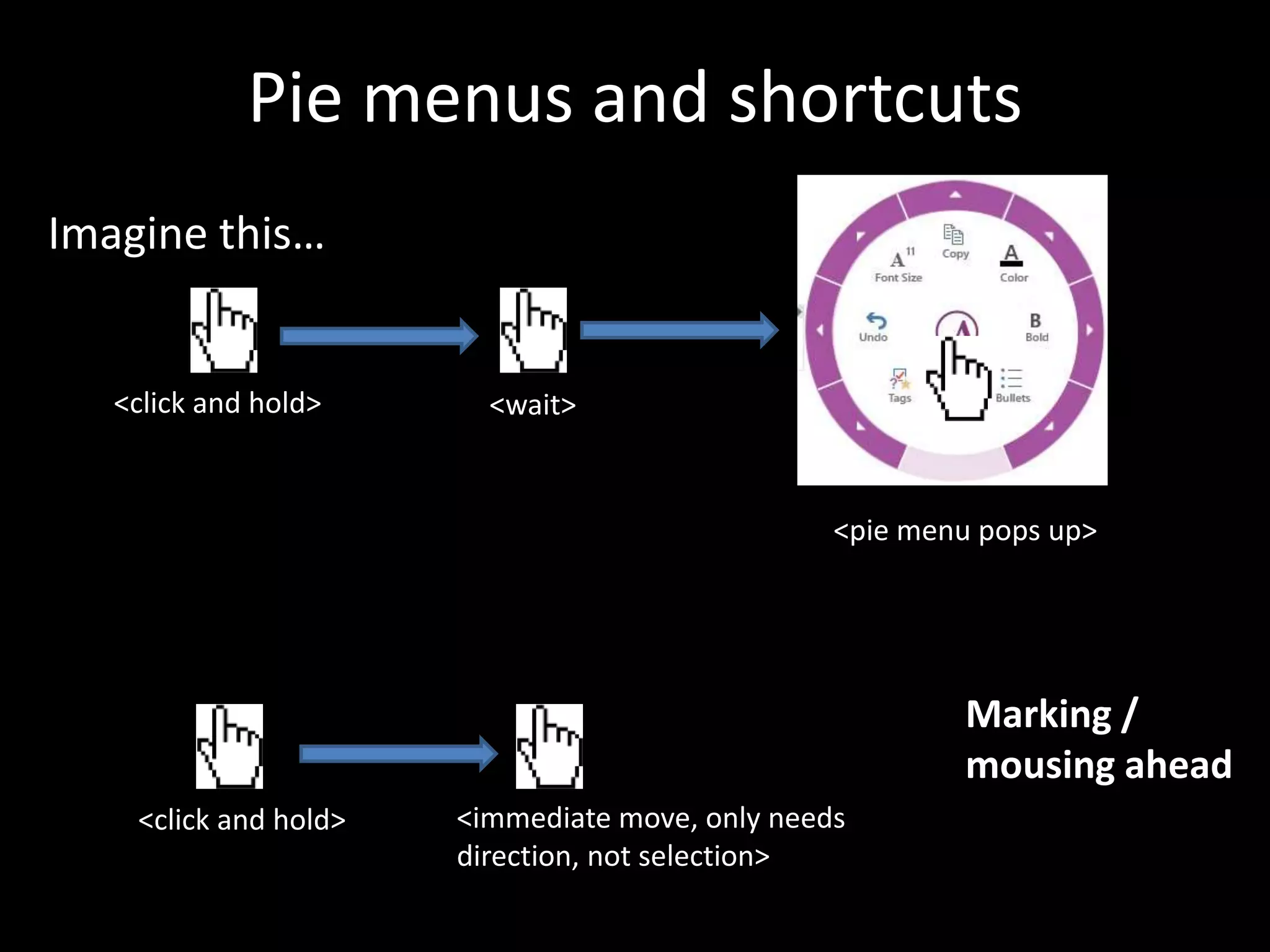 Pie menus and shortcuts
Imagine this…


   <click and hold>      <wait>


                                                 <pie menu pops up>




                                                         Marking /
                                                         mousing ahead
    <click and hold>   <immediate move, only needs
                       direction, not selection>
 
