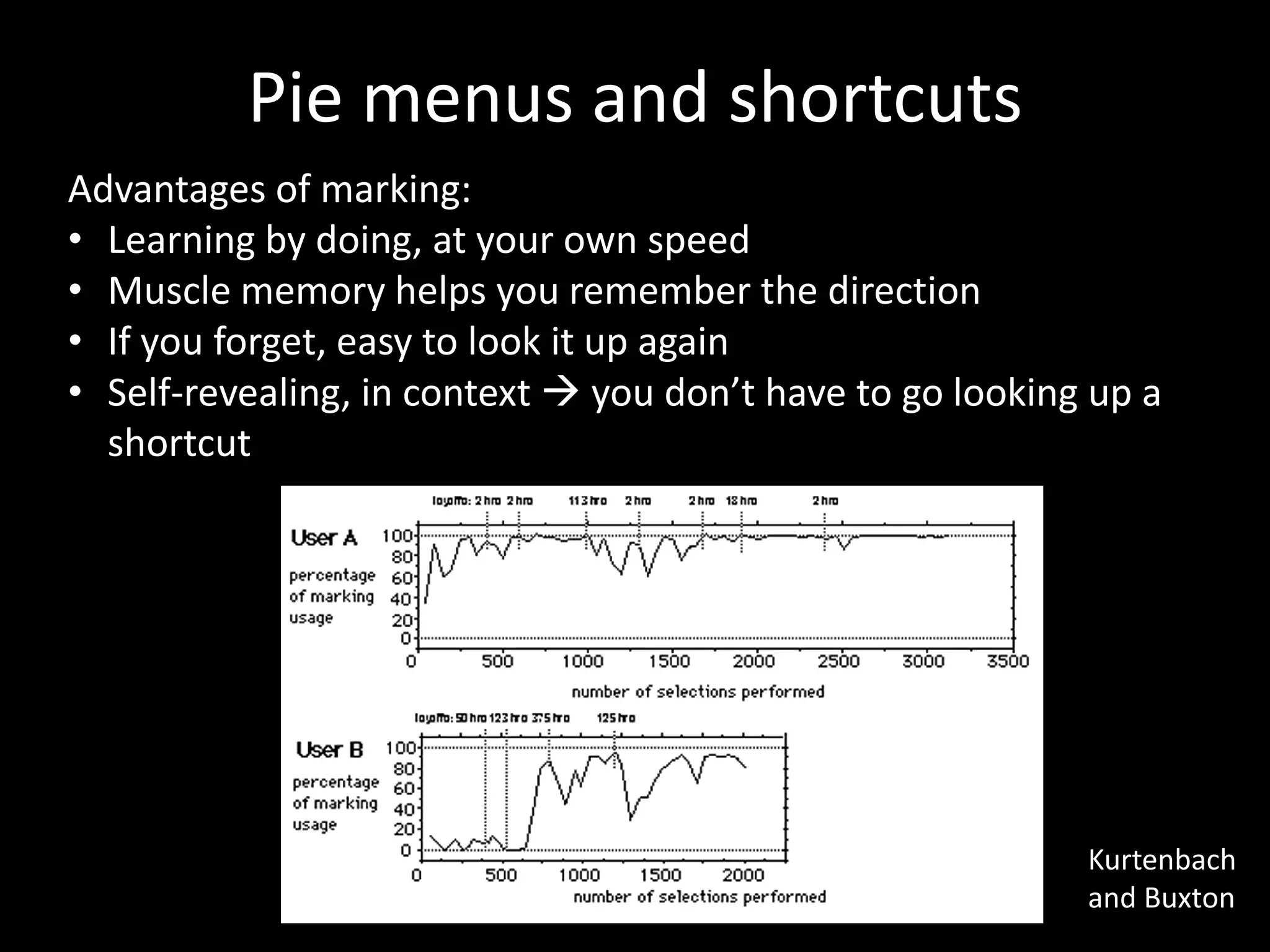 Pie menus and shortcuts
Advantages of marking:
• Learning by doing, at your own speed
• Muscle memory helps you remember the direction
• If you forget, easy to look it up again
• Self-revealing, in context  you don’t have to go looking up a
  shortcut




                                                           Kurtenbach
                                                           and Buxton
 