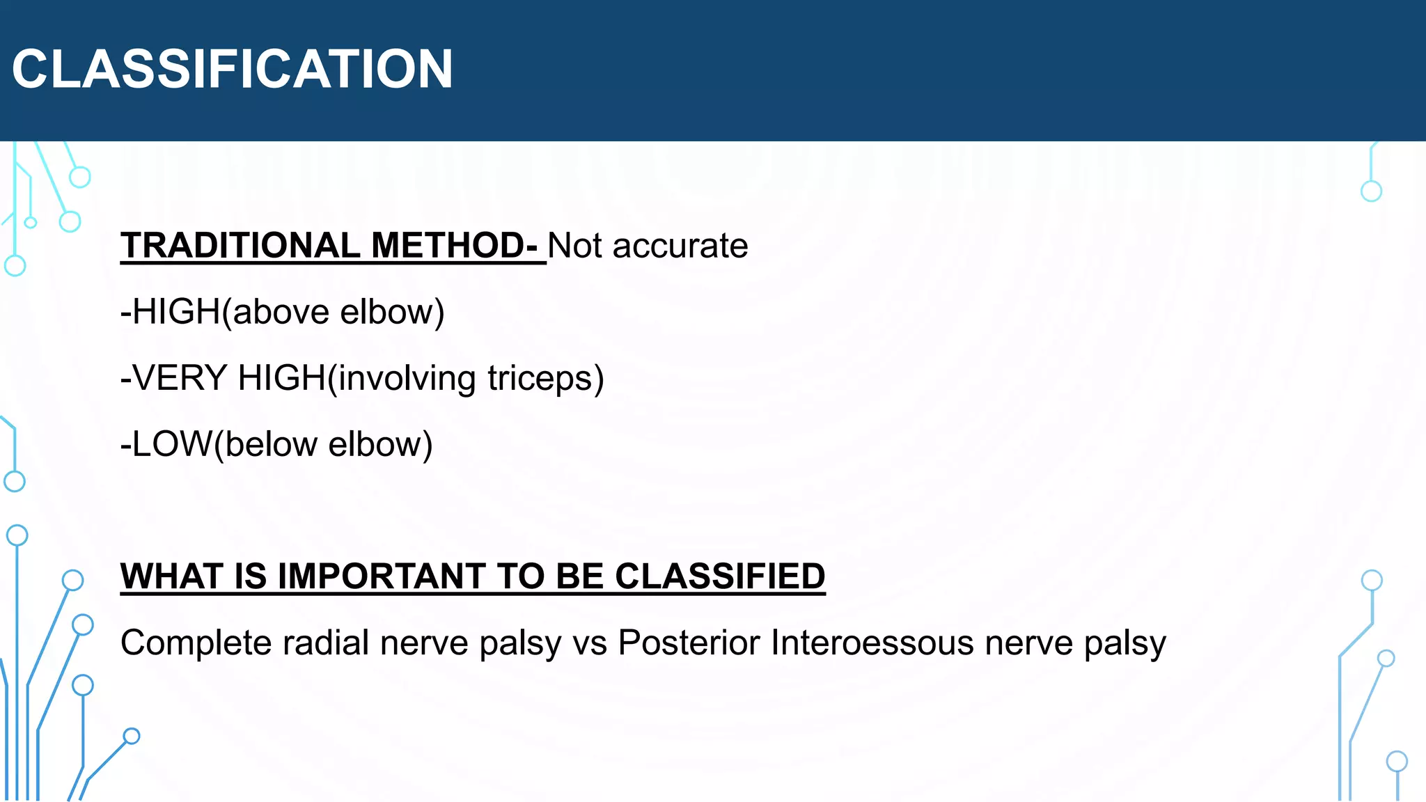 CLASSIFICATION
TRADITIONAL METHOD- Not accurate
-HIGH(above elbow)
-VERY HIGH(involving triceps)
-LOW(below elbow)
WHAT IS IMPORTANT TO BE CLASSIFIED
Complete radial nerve palsy vs Posterior Interoessous nerve palsy
 