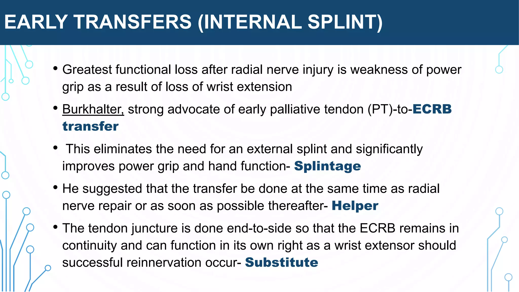 EARLY TRANSFERS (INTERNAL SPLINT)
• Greatest functional loss after radial nerve injury is weakness of power
grip as a result of loss of wrist extension
• Burkhalter, strong advocate of early palliative tendon (PT)-to-ECRB
transfer
• This eliminates the need for an external splint and significantly
improves power grip and hand function- Splintage
• He suggested that the transfer be done at the same time as radial
nerve repair or as soon as possible thereafter- Helper
• The tendon juncture is done end-to-side so that the ECRB remains in
continuity and can function in its own right as a wrist extensor should
successful reinnervation occur- Substitute
 