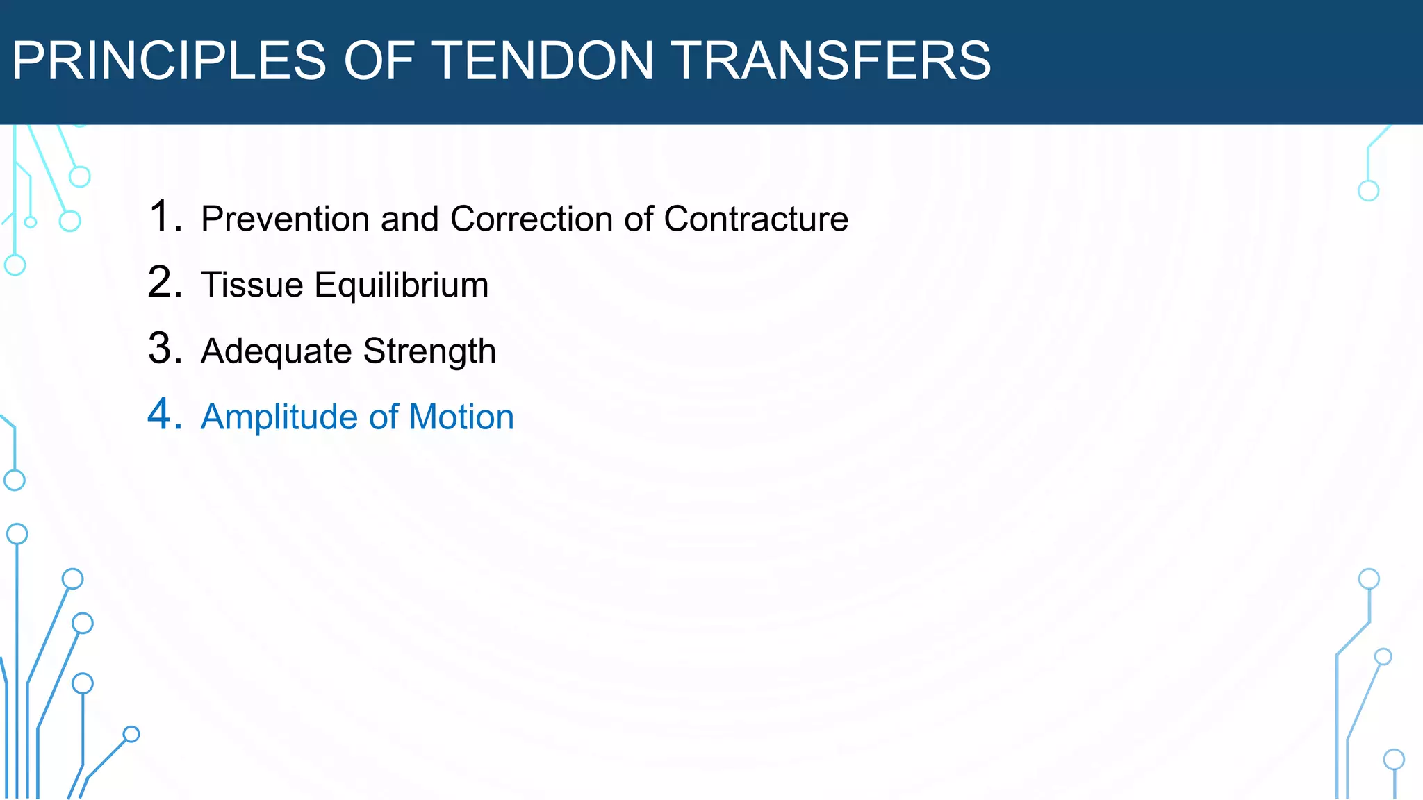 PRINCIPLES OF TENDON TRANSFERS
1. Prevention and Correction of Contracture
2. Tissue Equilibrium
3. Adequate Strength
4. Amplitude of Motion
 