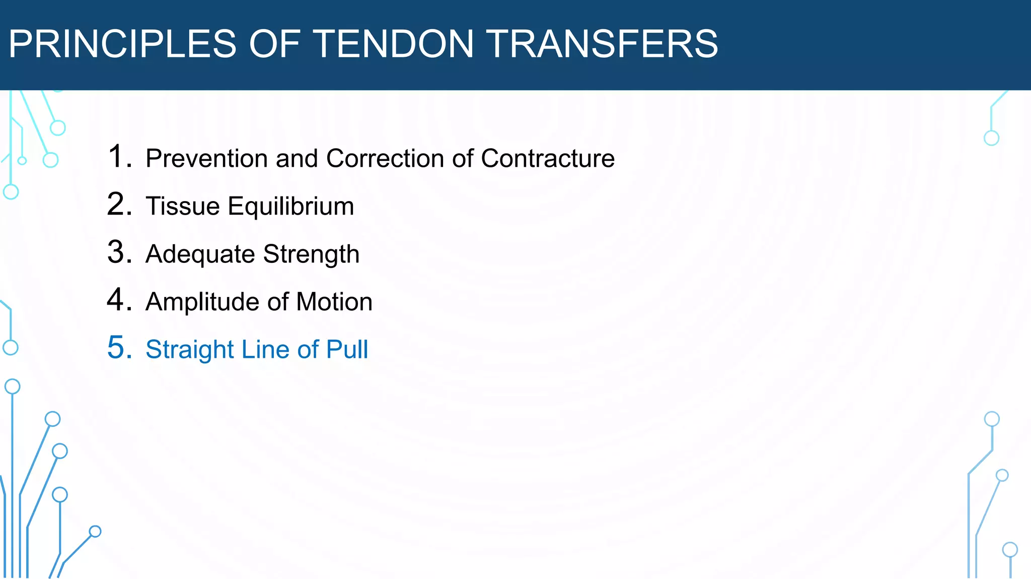 PRINCIPLES OF TENDON TRANSFERS
1. Prevention and Correction of Contracture
2. Tissue Equilibrium
3. Adequate Strength
4. Amplitude of Motion
5. Straight Line of Pull
 