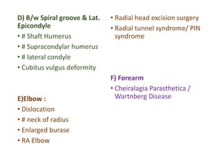 D) B/w Spiral groove & Lat.
Epicondyle
• # Shaft Humerus
• # Supracondylar humerus
• # lateral condyle
• Cubitus vulgus deformity
E)Elbow :
• Dislocation
• # neck of radius
• Enlarged burase
• RA Elbow
• Radial head excision surgery
• Radial tunnel syndrome/ PIN
syndrome
F) Forearm
• Cheiralagia Parasthetica /
Wartnberg Disease
 