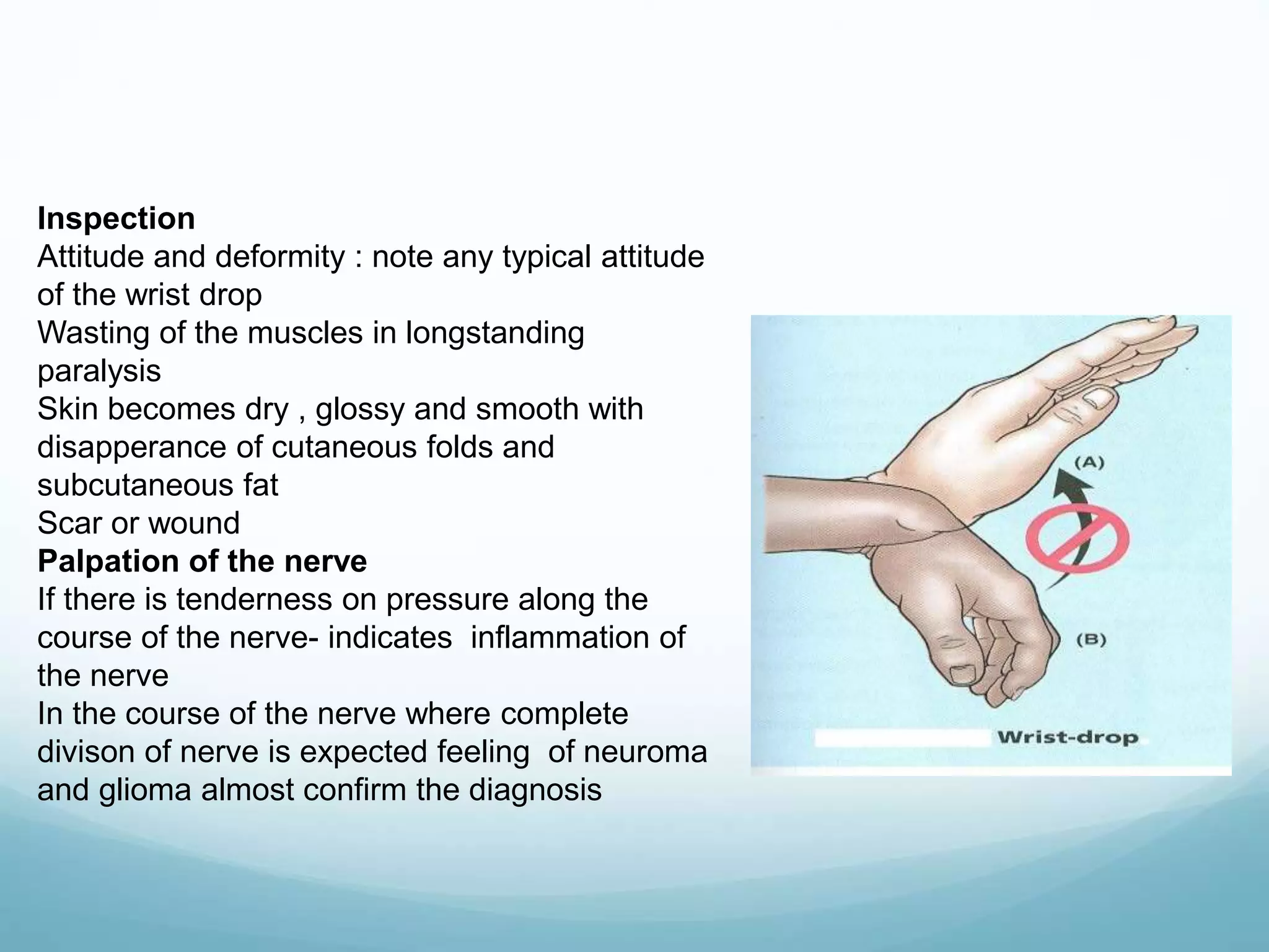Inspection
Attitude and deformity : note any typical attitude
of the wrist drop
Wasting of the muscles in longstanding
paralysis
Skin becomes dry , glossy and smooth with
disapperance of cutaneous folds and
subcutaneous fat
Scar or wound
Palpation of the nerve
If there is tenderness on pressure along the
course of the nerve- indicates inflammation of
the nerve
In the course of the nerve where complete
divison of nerve is expected feeling of neuroma
and glioma almost confirm the diagnosis
 