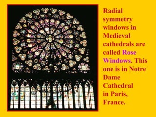 Radial symmetry windows in Medieval cathedrals are  called  Rose  Windows . This one is in Notre  Dame Cathedral  in Paris, France. 