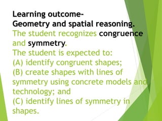 Learning outcome-
Geometry and spatial reasoning.
The student recognizes congruence
and symmetry.
The student is expected to:
(A) identify congruent shapes;
(B) create shapes with lines of
symmetry using concrete models and
technology; and
(C) identify lines of symmetry in
shapes.
 