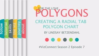 CREATING A RADIAL TAB
POLYGON CHART
BY LINDSAY BETZENDAHL
about
journey
theviz
skills
tutorial
follow
#VizConnect Season 2 Episode 7
FOR THE LOVE
OF
POLYGONS
 