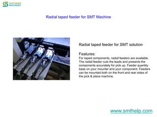 Radial taped feeder for SMT solution
Features:
For taped components, radial feeders are available.
The radial feeder cuts the leads and presents the
components accurately for pick up. Feeder quantity
base on your mounter and your component. Feeders
can be mounted both on the front and rear sides of
the pick & place machine.
Radial taped feeder for SMT Machine
www.smthelp.com
 