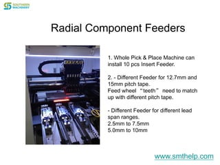 Radial Component Feeders
1. Whole Pick & Place Machine can
install 10 pcs Insert Feeder.
2. - Different Feeder for 12.7mm and
15mm pitch tape.
Feed wheel “teeth” need to match
up with different pitch tape.
- Different Feeder for different lead
span ranges.
2.5mm to 7.5mm
5.0mm to 10mm
www.smthelp.com
 