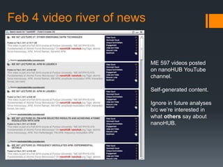 Feb 4 video river of newsME 597 videos posted on nanoHUB YouTube channel.Self-generated content.Ignore in future analyses b/c we’re interested in what others say about nanoHUB.