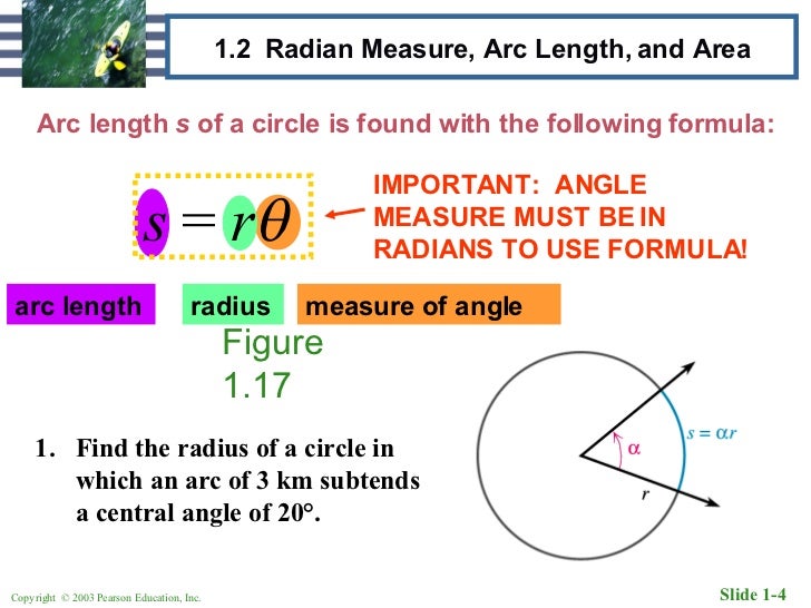 radians and arc length formula to find central angle of a pie chart