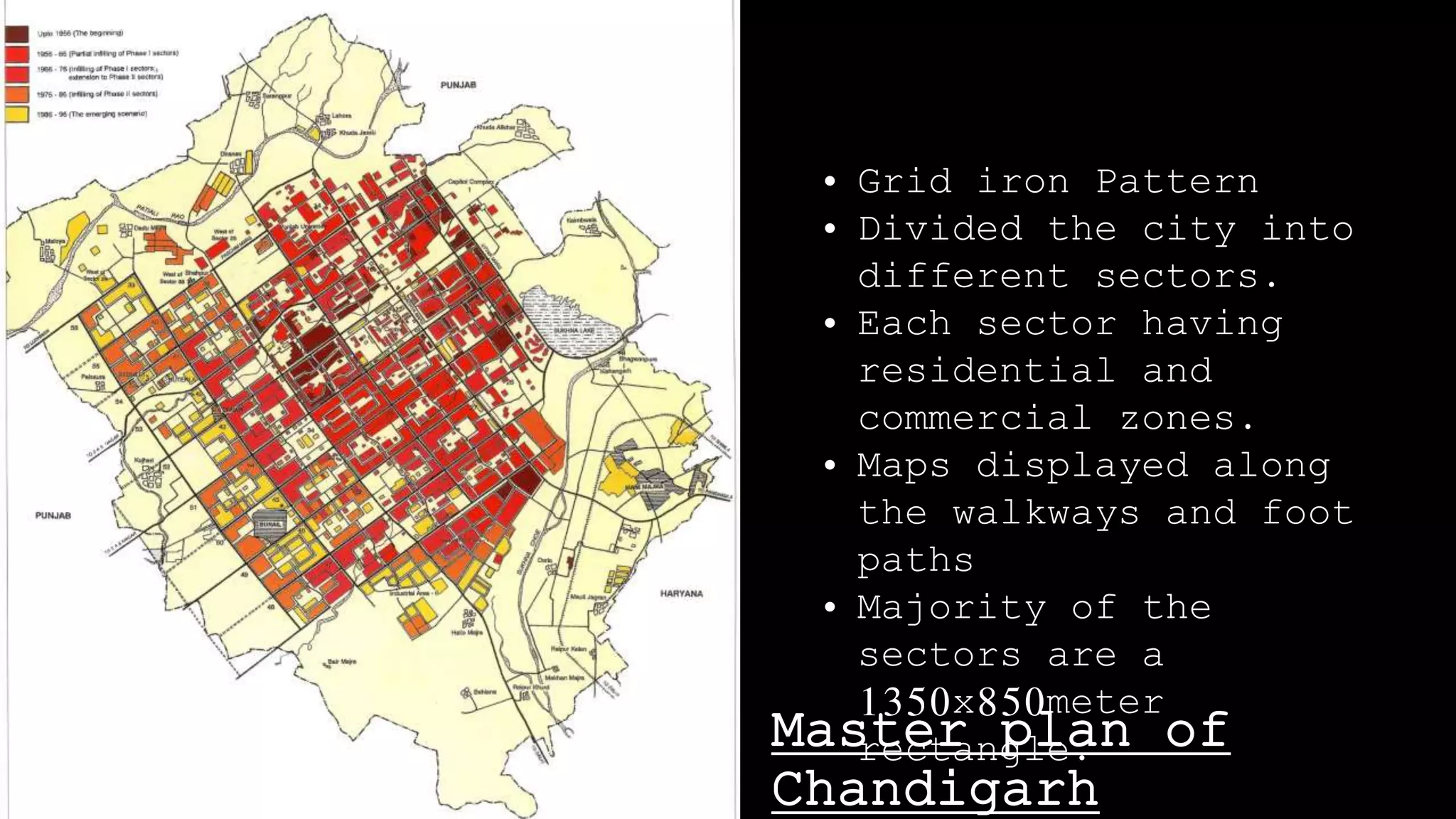 Master plan of
Chandigarh
• Grid iron Pattern
• Divided the city into
different sectors.
• Each sector having
residential and
commercial zones.
• Maps displayed along
the walkways and foot
paths
• Majority of the
sectors are a
1350x850meter
rectangle.
 