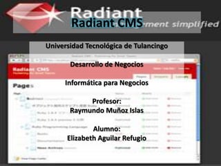 Radiant CMS
Universidad Tecnológica de Tulancingo

       Desarrollo de Negocios

     Informática para Negocios

            Profesor:
       Raymundo Muñoz Islas

              Alumno:
      Elizabeth Aguilar Refugio
 