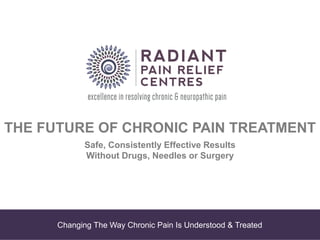 Changing The Way Chronic Pain Is Understood & Treated
THE FUTURE OF CHRONIC PAIN TREATMENT
Safe, Consistently Effective Results
Without Drugs, Needles or Surgery
 