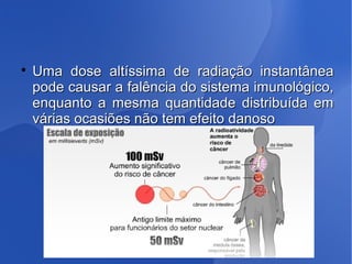 
Uma dose altíssima de radiação instantâneaUma dose altíssima de radiação instantânea
pode causar a falência do sistema imunológico,pode causar a falência do sistema imunológico,
enquanto a mesma quantidade distribuída emenquanto a mesma quantidade distribuída em
várias ocasiões não tem efeito danosovárias ocasiões não tem efeito danoso
 
