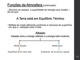 Funções da Atmosfera (continuação)
 Devolve ao espaço a quantidade de energia que recebe –
diz-se que
 Reflete de modo diferente conforme a natureza da superfície
em que a radiação solar incide
Albedo elevado Albedo baixo
Superfícies de cor clara, lisas Superfícies de cor escura, rugosas
A Terra está em Equilíbrio Térmico
Albedo
(relação entre a energia refletida e a energia total incidente.
14
 
