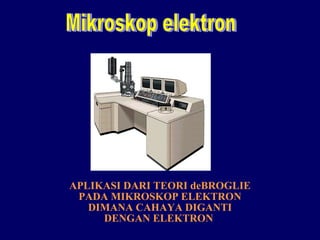 APLIKASI DARI TEORI deBROGLIE
PADA MIKROSKOP ELEKTRON
DIMANA CAHAYA DIGANTI
DENGAN ELEKTRON

 