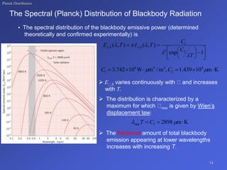 Planck Distribution
The Spectral (Planck) Distribution of Blackbody Radiation
• The spectral distribution of the blackbody emissive power (determined
theoretically and confirmed experimentally) is
14















1
exp
)
,
(
)
,
(
2
5
1
,
,
T
C
C
T
I
T
E b
b




 

K
m
10
439
.
1
,
m
/
m
W
10
742
.
3 4
2
2
4
8
1 




 
 C
C
 E ,b varies continuously with and increases
with T.
 The distribution is characterized by a
maximum for which max is given by Wien’s
displacement law:
 The fractional amount of total blackbody
emission appearing at lower wavelengths
increases with increasing T.
K
m
2898
3
max 

 
 C
T
 