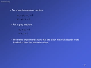Transmissivity
• For a semitransparent medium,
27
• For a gray medium,
1
1







 

1
1











 


• The demo experiment shows that the black material absorbs more
irradiation than the aluminum does.
 