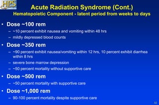 32
• Dose ~100 rem
– ~10 percent exhibit nausea and vomiting within 48 hrs
– mildly depressed blood counts
• Dose ~350 rem
– ~90 percent exhibit nausea/vomiting within 12 hrs, 10 percent exhibit diarrhea
within 8 hrs
– severe bone marrow depression
– ~50 percent mortality without supportive care
• Dose ~500 rem
– ~50 percent mortality with supportive care
• Dose ~1,000 rem
– 90-100 percent mortality despite supportive care
Acute Radiation Syndrome (Cont.)
Hematopoietic Component - latent period from weeks to days
 