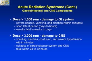 33
• Dose > 1,000 rem - damage to GI system
– severe nausea, vomiting, and diarrhea (within minutes)
– short latent period (days to hours)
– usually fatal in weeks to days
• Dose > 3,000 rem - damage to CNS
– vomiting, diarrhea, confusion, and severe hypotension
within minutes
– collapse of cardiovascular system and CNS
– fatal within 24 to 72 hours
Acute Radiation Syndrome (Cont.)
Gastrointestinal and CNS Components
 