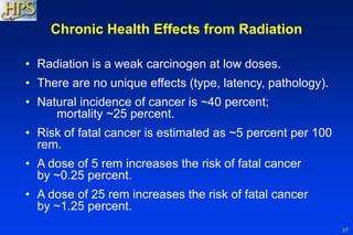 37
Chronic Health Effects from Radiation
• Radiation is a weak carcinogen at low doses.
• There are no unique effects (type, latency, pathology).
• Natural incidence of cancer is ~40 percent;
mortality ~25 percent.
• Risk of fatal cancer is estimated as ~5 percent per 100
rem.
• A dose of 5 rem increases the risk of fatal cancer
by ~0.25 percent.
• A dose of 25 rem increases the risk of fatal cancer
by ~1.25 percent.
 