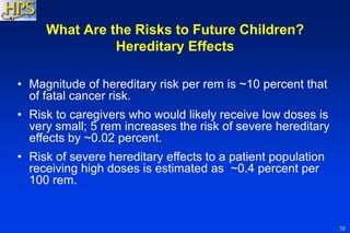 38
What Are the Risks to Future Children?
Hereditary Effects
• Magnitude of hereditary risk per rem is ~10 percent that
of fatal cancer risk.
• Risk to caregivers who would likely receive low doses is
very small; 5 rem increases the risk of severe hereditary
effects by ~0.02 percent.
• Risk of severe hereditary effects to a patient population
receiving high doses is estimated as ~0.4 percent per
100 rem.
 