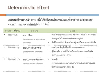 Deterministic Effect

   ผลของรังสีต่อระบบร่างกาย เมื่อได้รังสีแบบเฉียบพลันแบบทั่วร่างกาย สามารถแยก
   ตามความรุนแรงจากน้อยไปหามาก ดังนี้
 ปริมาณรังสีที่ได้รับ         ส่งผลต่อ                                    อาการ
• 300-800 cGy         ระบบเลือด                    เซลล์ไขกระดูกจะถูกทาลาย สร้างเซลล์ใหม่ไม่ได้ ทาให้เซลล์
                    (hematopoietic or bone marrow   เลือดทุกชนิดในร่างกายลดจานวนลงผู้ป่วย
                    syndrome)                      เสียชีวิตภายใน 3 สัปดาห์ สาเหตุใหญ่เนื่องมาจากการติดเชื้อ
• เกิน 1000 cGy     ระบบทางเดินอาหาร               เซลล์ของผนังบุลาไส้จะเสียหายและหลุดลอก
                    (gastrointestinal syndrome)    ผู้ป่วยจะมีอาการคลื่นไส้อาเจียนอย่างรุนแรง และท้องร่วง
                                                   เสียชีวิตภายในเวลา 9 วัน
• เกิน 10000 cGy    ระบบประสาทส่วนกลาง             หมดสติ
                    (cerebrovascular syndrome)     ระบบเลือดและระบบทางเดินอาหารจะเสียหายอย่างรุนแรง
                                                   เสียชีวิตภายในเวลา 30-50 ชม
 
