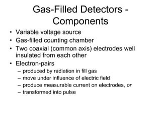 Gas-Filled Detectors -
Components
• Variable voltage source
• Gas-filled counting chamber
• Two coaxial (common axis) electrodes well
insulated from each other
• Electron-pairs
– produced by radiation in fill gas
– move under influence of electric field
– produce measurable current on electrodes, or
– transformed into pulse
 