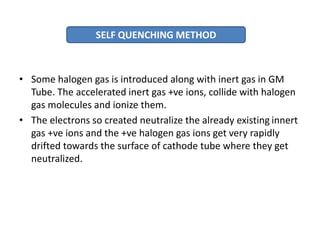 • Some halogen gas is introduced along with inert gas in GM
Tube. The accelerated inert gas +ve ions, collide with halogen
gas molecules and ionize them.
• The electrons so created neutralize the already existing innert
gas +ve ions and the +ve halogen gas ions get very rapidly
drifted towards the surface of cathode tube where they get
neutralized.
SELF QUENCHING METHOD
 