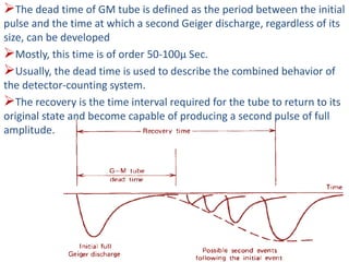 The dead time of GM tube is defined as the period between the initial
pulse and the time at which a second Geiger discharge, regardless of its
size, can be developed
Mostly, this time is of order 50-100μ Sec.
Usually, the dead time is used to describe the combined behavior of
the detector-counting system.
The recovery is the time interval required for the tube to return to its
original state and become capable of producing a second pulse of full
amplitude.
 