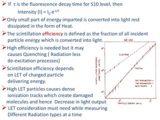  If τ is the fluorescence decay time for S10 level, then
Intensity (I) = I0 e-t/τ
Only small part of energy imparted is converted into light rest
dissipated in the form of Heat.
The scintillation efficiency is defined as the fraction of all incident
particle energy which is converted into light.
High efficiency is needed but it may
causes Quenching ( Radiation less
de-excitation processes)
Scintillation efficiency depends
on LET of charged particle
delivering energy.
High LET particles causes dense
ionization tracks which create damaged
molecules and hence Decrease in light output
 LET consideration must need while measuring
Different Radiation types at a time
 