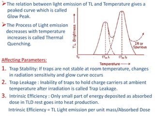 The relation between light emission of TL and Temperature gives a
peaked curve which is called
Glow Peak.
The Process of Light emission
decreases with temperature
increases is called Thermal
Quenching.
Affecting Parameters:
1. Trap Stability: If traps are not stable at room temperature, changes
in radiation sensitivity and glow curve occurs
2. Trap Leakage : Inability of traps to hold charge carriers at ambient
temperature after irradiation is called Trap Leakage.
3. Intrinsic Efficiency : Only small part of energy deposited as absorbed
dose in TLD rest goes into heat production.
Intrinsic Efficiency = TL Light emission per unit mass/Absorbed Dose
 