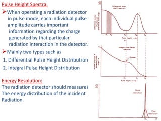 Pulse Height Spectra:
When operating a radiation detector
in pulse mode, each individual pulse
amplitude carries important
information regarding the charge
generated by that particular
radiation interaction in the detector.
Mainly two types such as
1. Differential Pulse Height Distribution
2. Integral Pulse Height Distribution
Energy Resolution:
The radiation detector should measures
The energy distribution of the incident
Radiation.
 