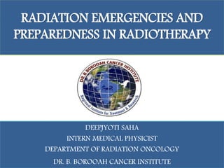 RADIATION EMERGENCIES AND
PREPAREDNESS IN RADIOTHERAPY
DEEPJYOTI SAHA
INTERN MEDICAL PHYSICIST
DEPARTMENT OF RADIATION ONCOLOGY
DR. B. BOROOAH CANCER INSTITUTE
 