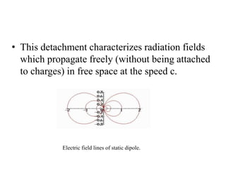 • This detachment characterizes radiation fields
which propagate freely (without being attached
to charges) in free space at the speed c.
Electric field lines of static dipole.
 