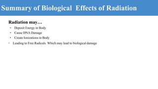 Summary of Biological Effects of Radiation
Radiation may…
• Deposit Energy in Body
• Cause DNA Damage
• Create Ionizations in Body
• Leading to Free Radicals Which may lead to biological damage
 