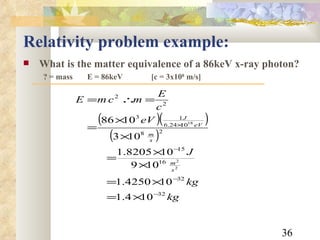 Relativity problem example: What is the matter equivalence of a 86keV x-ray photon? ? = mass E = 86keV [c = 3x10 8  m/s] 