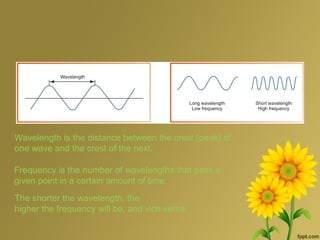 Wavelength is the distance between the crest (peak) of
one wave and the crest of the next.
Frequency is the number of wavelengths that pass a
given point in a certain amount of time.
The shorter the wavelength, the
higher the frequency will be, and vice versa.
 