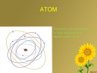 ATOM
Electrons are maintained
in their orbits by the
electro-static force
 