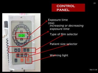 Exposure time
(ms)
Increasing or decreasing
exposure time
Type of film selector
Patient size selector
Warning light
CONTROL
PANEL
08/17/18
23
 