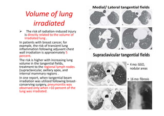 Volume of lung
irradiated
 The risk of radiation-induced injury
is directly related to the volume of
irradiated lung .
In patients with breast cancer, for
example, the risk of transient lung
inflammation following adjuvant chest
wall irradiation is approximately 5
percent.
The risk is higher with increasing lung
volume in the tangential fields,
treatment to the regional lymph nodes
(supraclavicular, axillary apex, and
internal mammary regions .
In one report, when tangential beam
irradiation was utilized following breast-
conserving surgery, pneumonitis was
observed only when >10 percent of the
lung was irradiated.
 