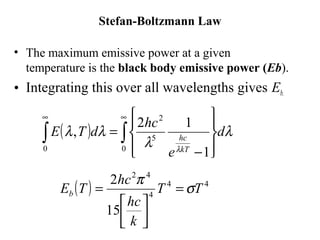 Stefan-Boltzmann Law
• The maximum emissive power at a given
temperature is the black body emissive power (Eb).
• Integrating this over all wavelengths gives Eb.
( ) ∫∫
∞∞








−
=
0
5
2
0
1
12
, λ
λ
λλ
λ
d
e
hc
dTE
kT
hc
( ) 44
4
42
15
2
TT
k
hc
hc
TEb σ
π
=




=
 