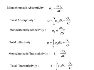 Monochromatic Absorptivity :
dG
dGα
λα =
Monochromatic reflectivity :
dG
dGρ
λρ =
Monochromatic Transmissivity :
dG
dGτ
λτ =
Total Absorptivity :
G
G
d α
λ λαα == ∫
∞
0
Total reflectivity :
G
G
d ρ
λ λρρ == ∫
∞
0
Total Transmissivity :
G
G
d τ
λ λττ == ∫
∞
 